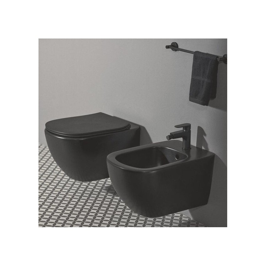 Set vas wc cu capac softclose si bideu suspendat Tesi Aquablade - Ideal  Standard, negru mat