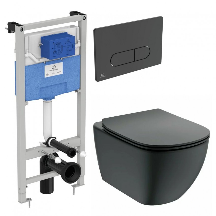 Set vas wc suspendat Tesi Aquablade+capac slim softclose negru mat +  rezervor Prosys+clapeta Oleas M1 - Ideal Standard